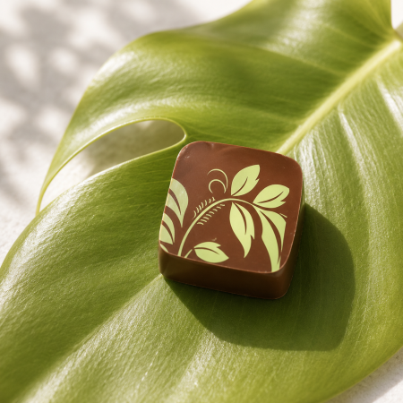 Praline Gianduja Limone - dunkler Nussnougat mit einem Limonen-Öl verfeinert und mit Vollmilchschokolade 38 % Ghana umhüllt