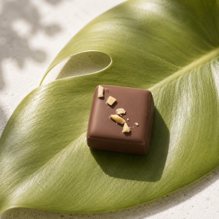 Praline aus Mandelnougat mit Knusperflocken von Vollmilchschokolade 38% Ghana umhüllt