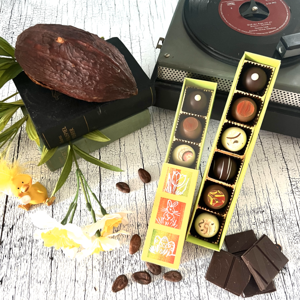 6 Trüffelpralinen in Stange mit Schuber Ostern